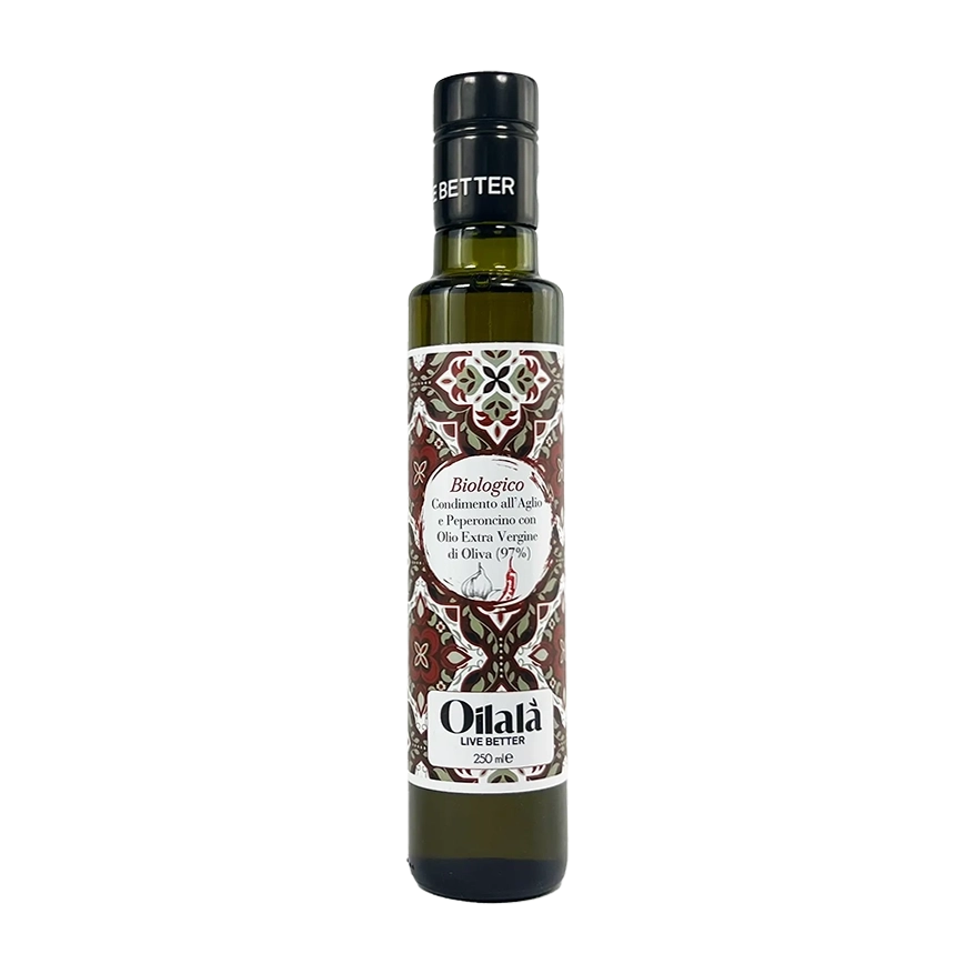 Huile d'olive vierge extra BIO aromatisée au piment et à l'ail